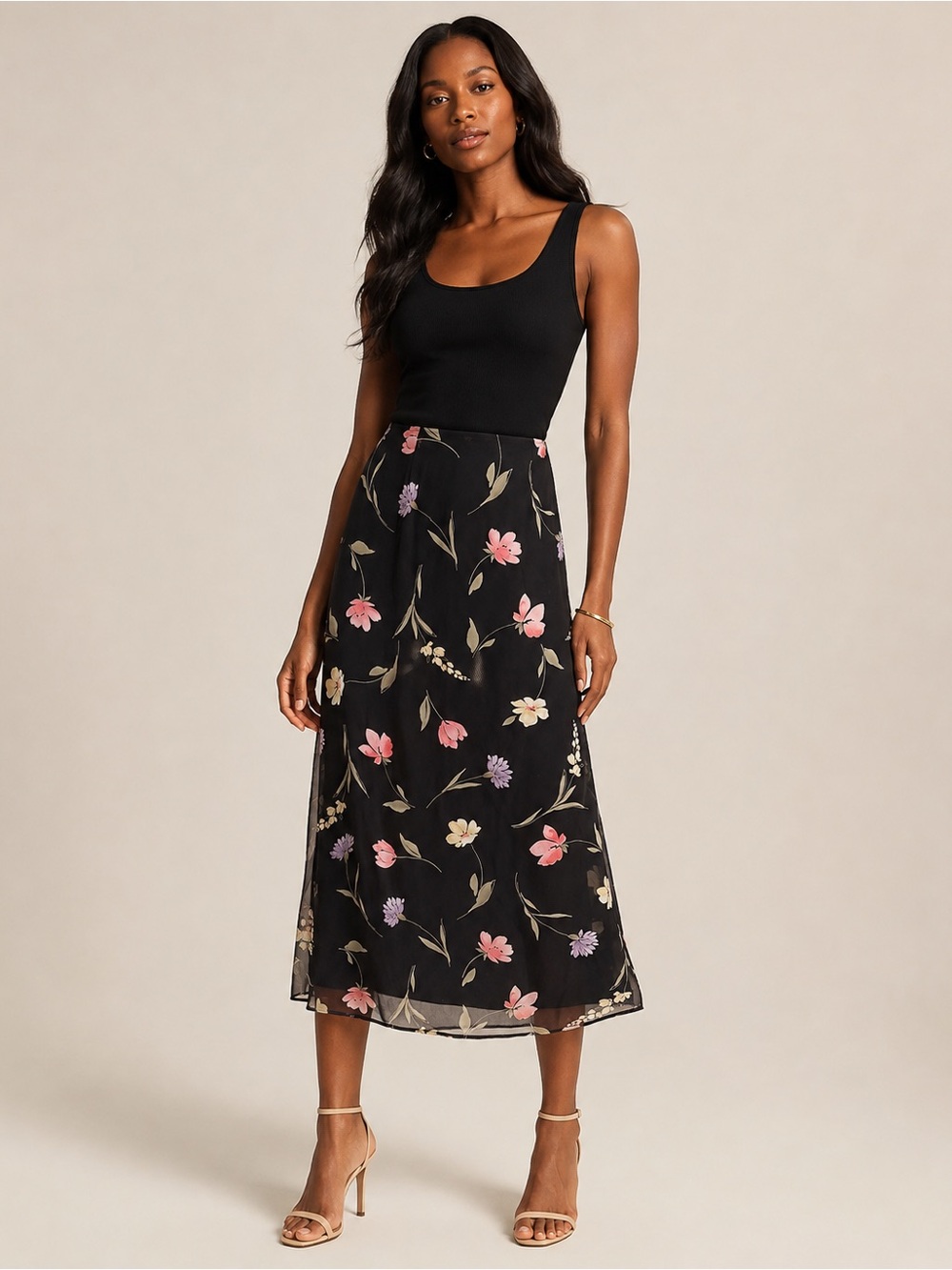 Express Black Midi Skirt with Pink & Lavender Floral Print